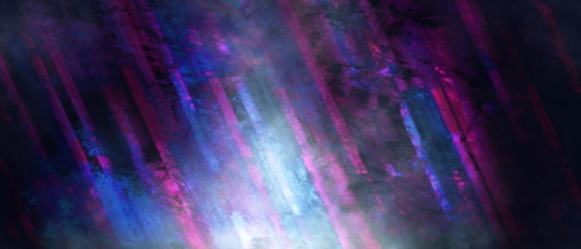 blue, purple and pink lights cast down onto dark surface