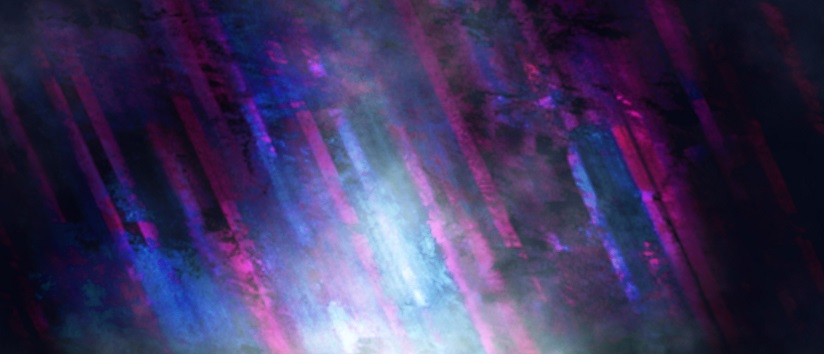 blue, purple and pink lights cast down onto dark surface