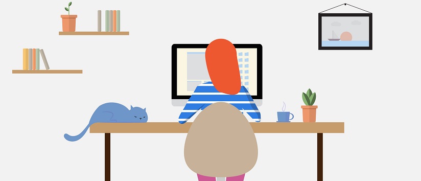 illustration of woman sat at desk, working from home on a laptop with her back to us, a cat is sat at her desk 