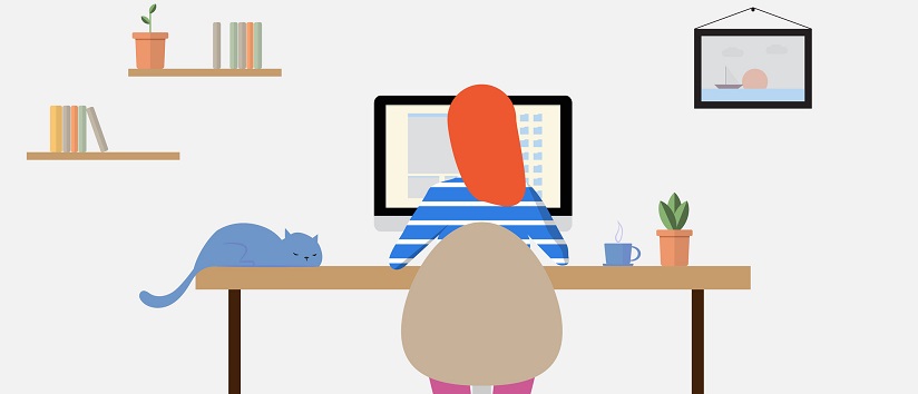illustration of woman sat at desk, working from home on a laptop with her back to us, a cat is sat at her desk