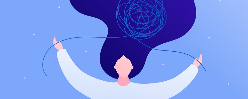 illustration of woman with her arms up, above her is a tangle of string symbolising a troubled mind