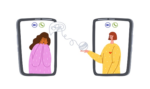 illustration of woman receiving virtual therapy through her phone