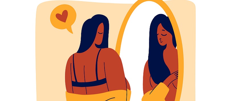 illustration of a Black woman staring into a mirror in her underwear, her reflection is blowing her a kiss
