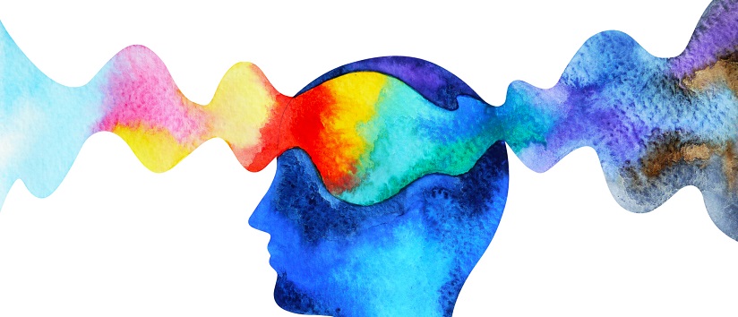 Watercolour of human profile, a flow of rainbow colours is moving through their head