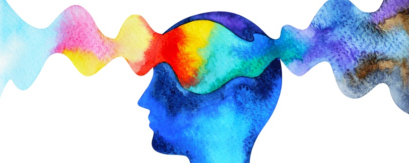 Watercolour of human profile, a flow of rainbow colours is moving through their head