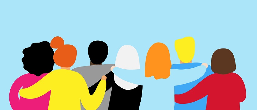 digital art of seven women from behind holding each other in support