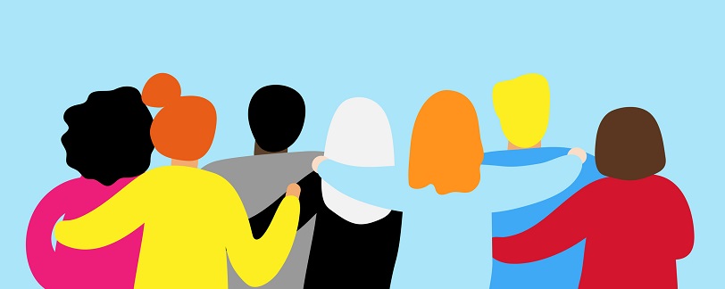 digital art of seven women from behind holding each other in support