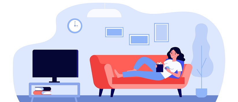 cartoon graphic of woman sat watching tv