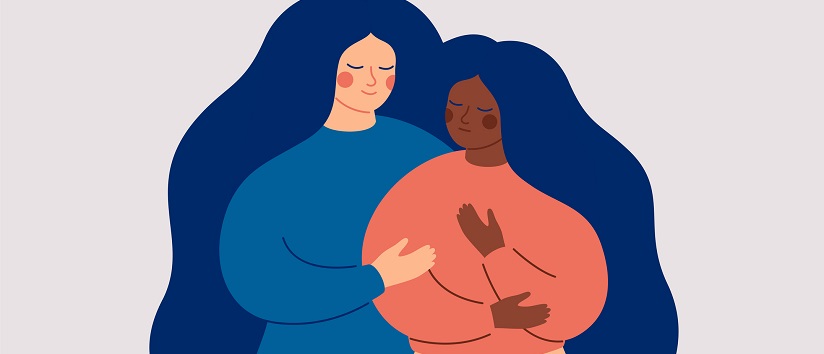Illustration of white woman and black woman embracing each other