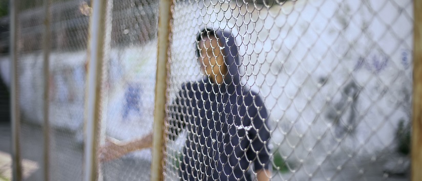 young boy behind chainmail fence